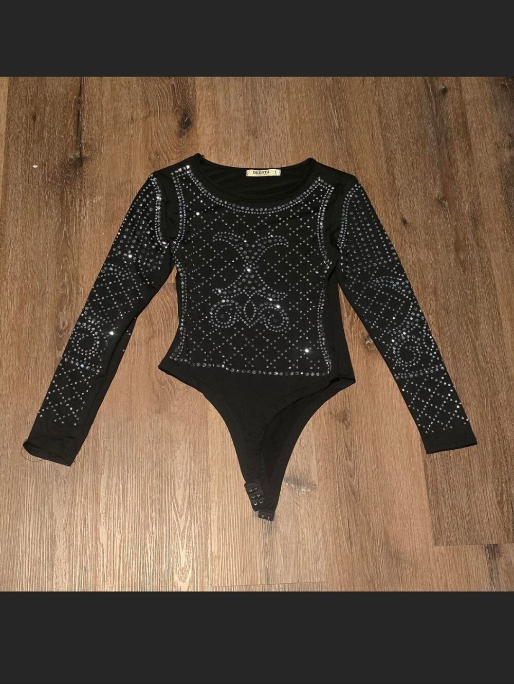 Black Long-Sleeve Rhinestone One-Piece Bodysuit S/M